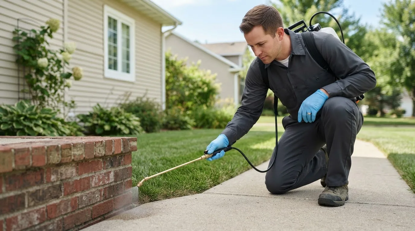 Pest control technician treating a home near Altus, AR